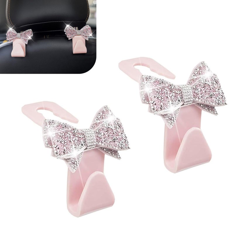 Qurbuns 2 PCS Bling Car Seat Headrest Hooks S Type Crystal Rhinestone Bow Vehicle Seat Back Storage Hooks for Purses Bags Groceries Universal Diamond Car Rear Seat Organizer Pink - Image 3