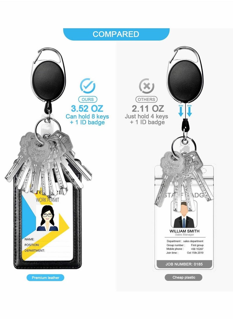 Badge Holders, 2 Pcs Heavy Duty Retractable Reel Clips Set with Carabiner Clip, Vertical Leather ID Card Holder, Black - Image 3