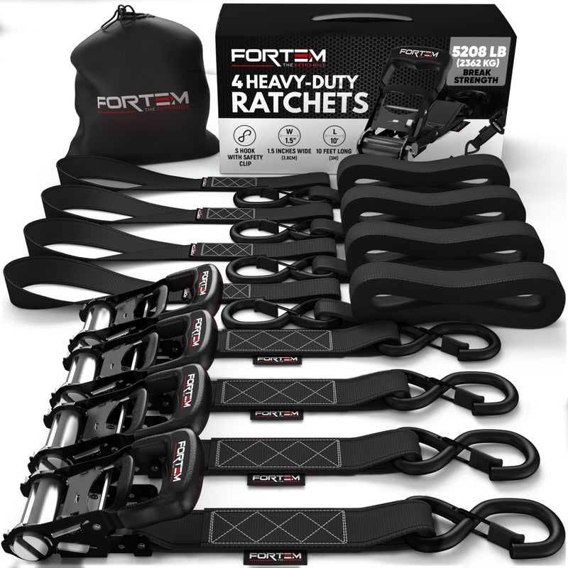 FORTEM Ratchet Tie Down Straps 5208lb Break Strength 4 Pack 10ft x 15in Heavy Duty Straps 4 Soft Loops Cam Buckles for Motorcycles Safety Lock S Hooks Carry Bag