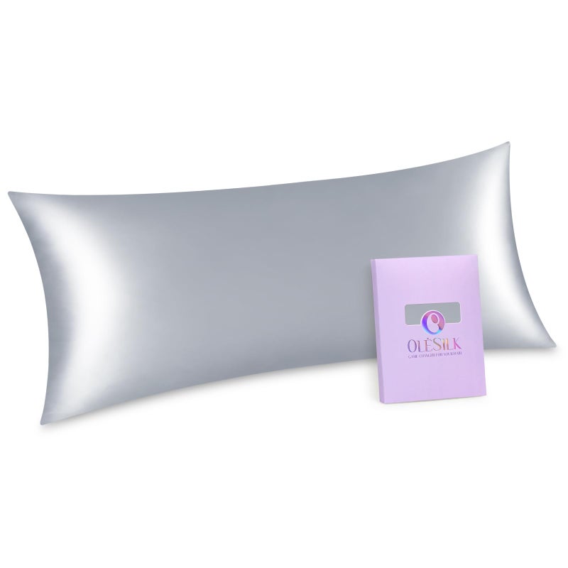 OLESILK Silk Body Pillowcase 20x54 Zippered 100 Mulberry Silk for Hair and Skin Breathable and Soft for Pregnant and Family Silver Grey