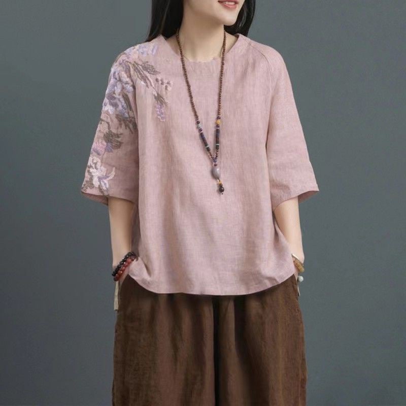 2023 Embroidered Cotton Linen Top Women Pink - Image 1