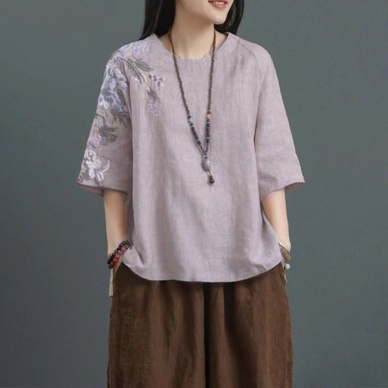 2023 Embroidered Cotton Linen Top Women Pink - Image 2
