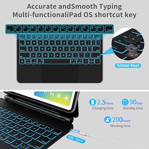 Sooguard for iPad 11th 10th Generation Case with Keyboard,11/10.9 inch 2025 A16/2022 Folio Keyboard Case,Magnetic Wireless Magic Keyboard,7-Color Backlight,Multi-Touch Trackpad, Thin & Light (Black) - Image 5