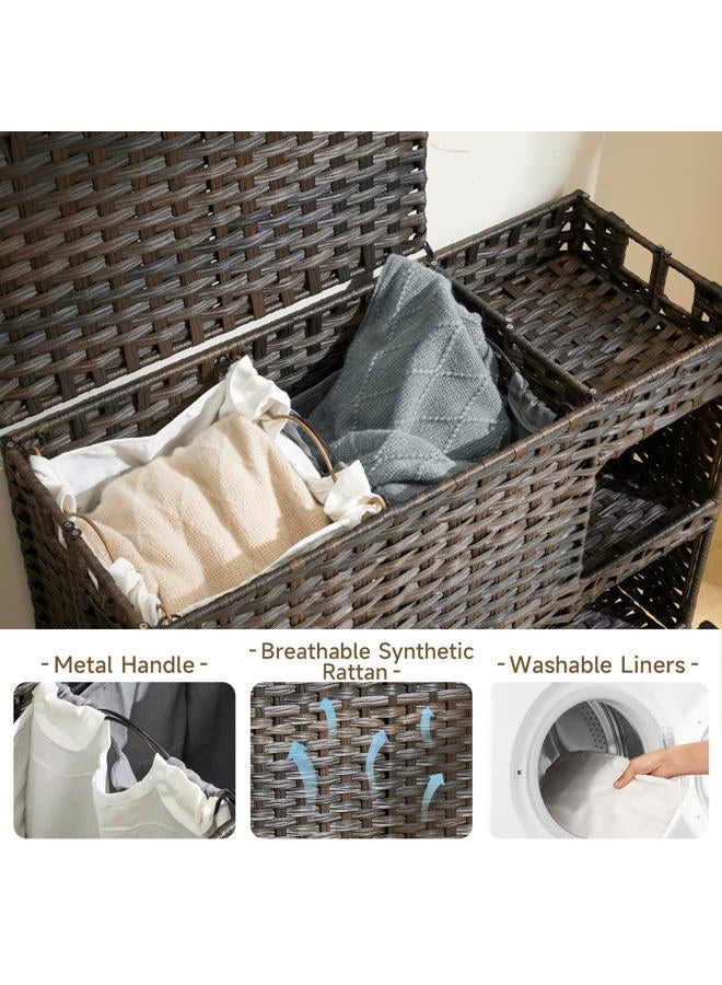 Hiagnete Laundry Hamper with Wheels, 42.3 Gal.(160 L) Laundry Sorter with Shelves, Rattan Clothes Hamper with 4 Removable Liners & 3 Mesh Bags, Handwoven Organizer for bedroom, bathroom, laundry room, Natural - Image 5