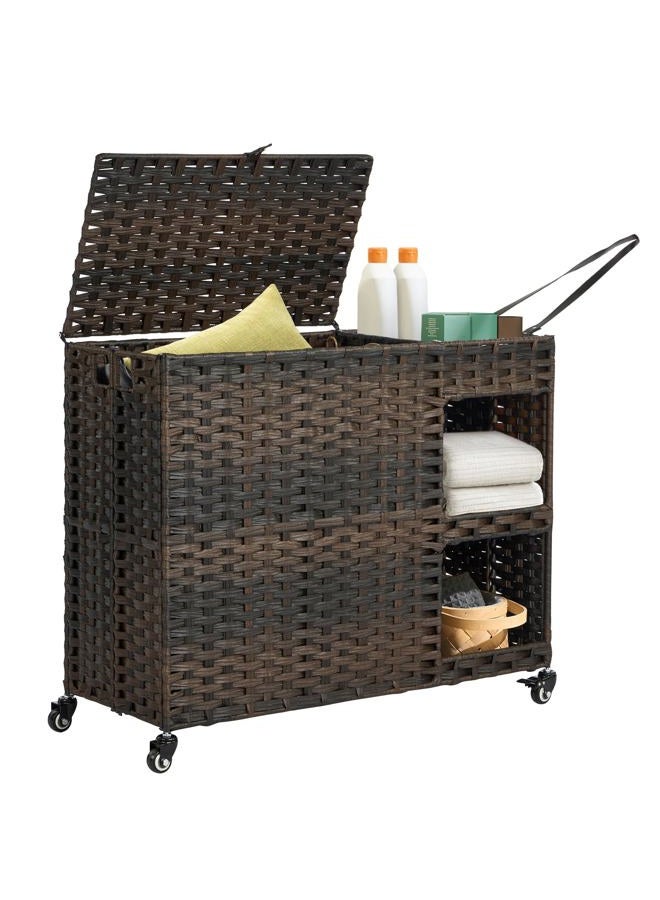 Hiagnete Laundry Hamper with Wheels, 42.3 Gal.(160 L) Laundry Sorter with Shelves, Rattan Clothes Hamper with 4 Removable Liners & 3 Mesh Bags, Handwoven Organizer for bedroom, bathroom, laundry room, Natural - Image 1
