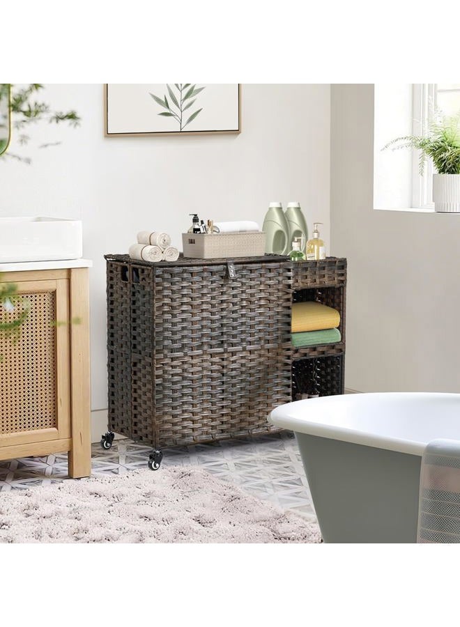 Hiagnete Laundry Hamper with Wheels, 42.3 Gal.(160 L) Laundry Sorter with Shelves, Rattan Clothes Hamper with 4 Removable Liners & 3 Mesh Bags, Handwoven Organizer for bedroom, bathroom, laundry room, Natural - Image 2