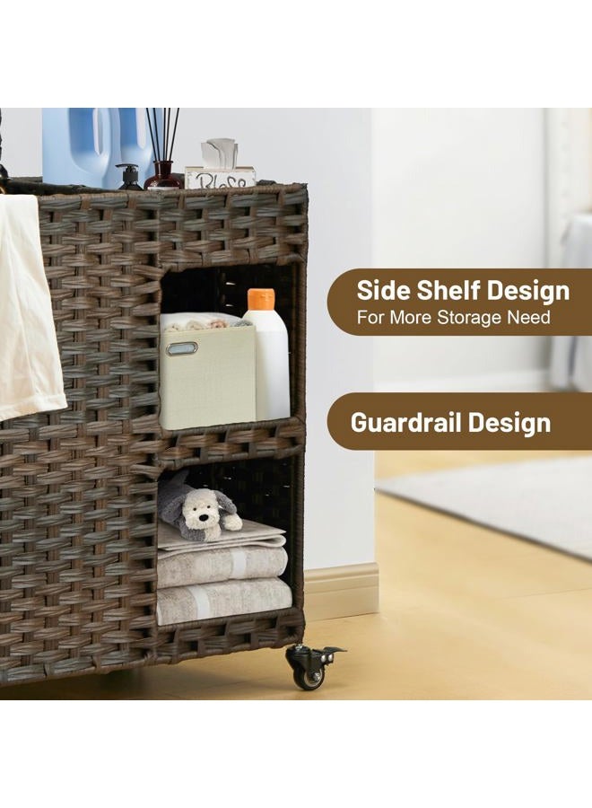 Hiagnete Laundry Hamper with Wheels, 42.3 Gal.(160 L) Laundry Sorter with Shelves, Rattan Clothes Hamper with 4 Removable Liners & 3 Mesh Bags, Handwoven Organizer for bedroom, bathroom, laundry room, Natural - Image 4
