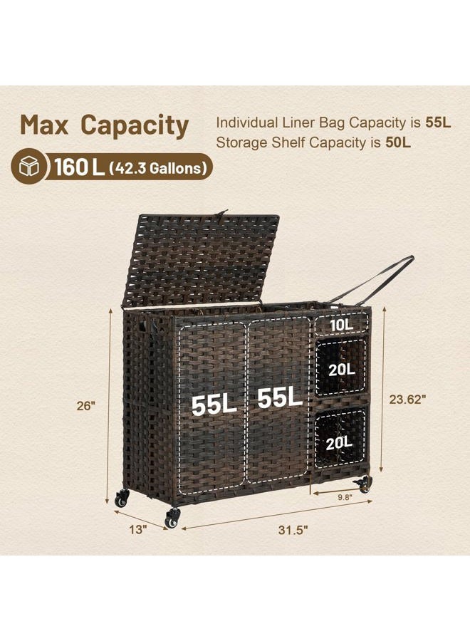 Hiagnete Laundry Hamper with Wheels, 42.3 Gal.(160 L) Laundry Sorter with Shelves, Rattan Clothes Hamper with 4 Removable Liners & 3 Mesh Bags, Handwoven Organizer for bedroom, bathroom, laundry room, Natural - Image 3