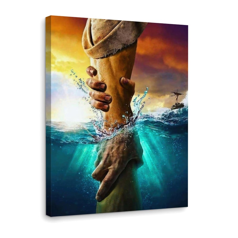 Fantasy Artists Framed Jesus Christ Canvas Wall Art The Hand of God Jesus Reaching Into Water Christian Painting Prints Biblical Wall Decor Religious Room Decor for Church Prayer Room Schools Hospitals 12" x 16" - Image 1