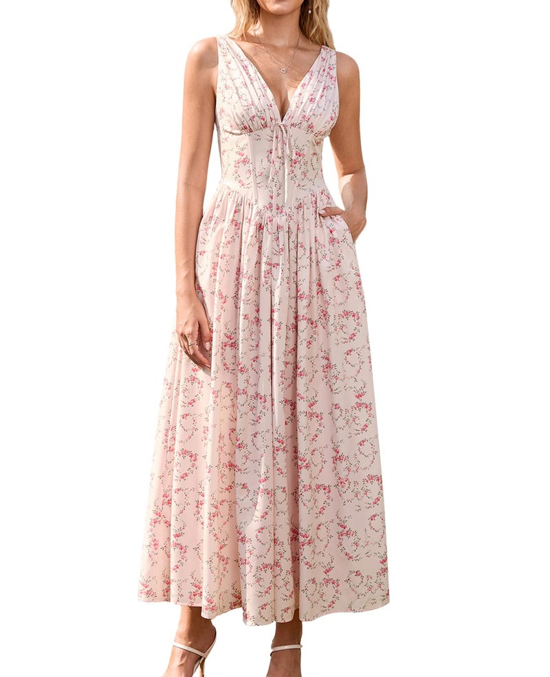 GLNEGE Floral Corset Midi Dress Milkmaid Casual V Neck Flowy A Line Sundress Wedding Guest Dresses with Pockets 2026 - Image 1