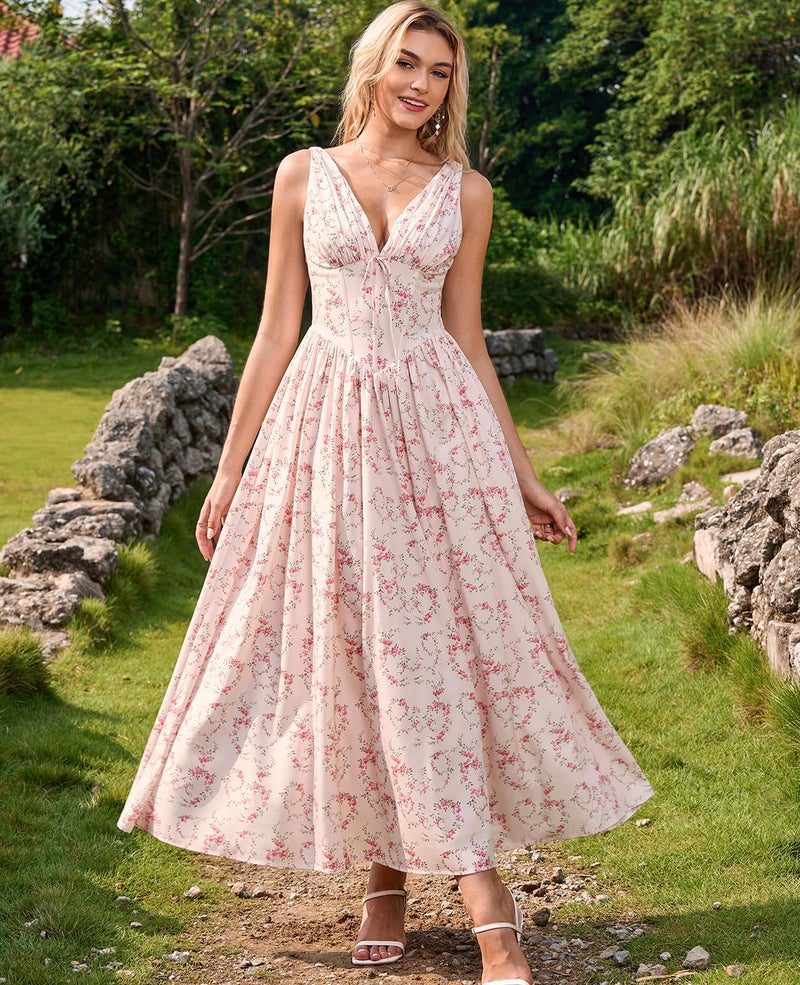 GLNEGE Floral Corset Midi Dress Milkmaid Casual V Neck Flowy A Line Sundress Wedding Guest Dresses with Pockets 2026 - Image 4