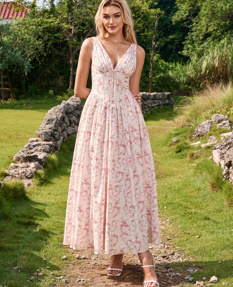 GLNEGE Floral Corset Midi Dress Milkmaid Casual V Neck Flowy A Line Sundress Wedding Guest Dresses with Pockets 2026 - Image 2