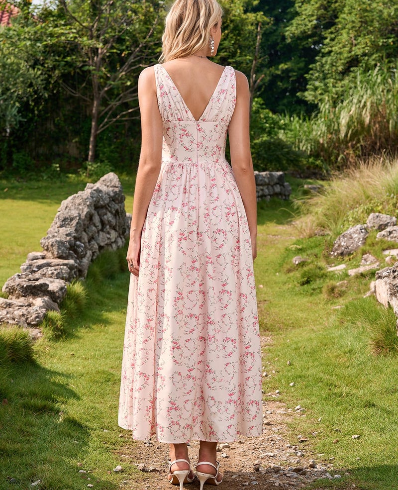 GLNEGE Floral Corset Midi Dress Milkmaid Casual V Neck Flowy A Line Sundress Wedding Guest Dresses with Pockets 2026 - Image 3