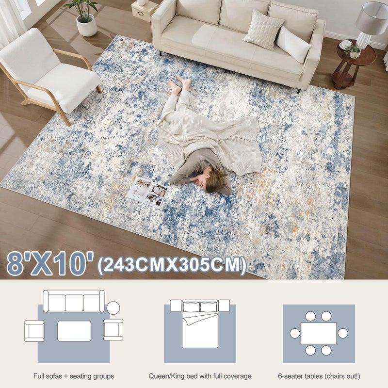 DMOYEST Area Rug Living Room Rugs - 8x10 Abstract Large Soft Indoor Washable Rug Neutral Modern Low Pile Carpet for Bedroom Dining Room Farmhouse Home Office - Blue - Image 5