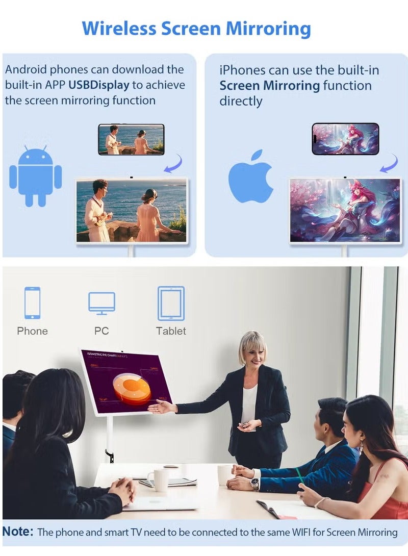 Smart screen portable 24-inch Andriod Display with 10-Point Multi-Touch 6GB RAM 128G HDMI/USB FHD Screen 1920p, Webcam with Build-in Camera, 7-8 Hours, Remote Control and Long Battery Life All-in-One Touch Screen for Home, Office, and Conference Use with Integrated Android & Camera Portable Long Battery