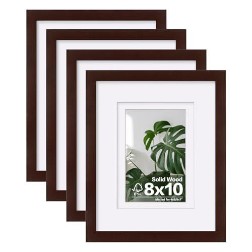 Egofine Egofine 8x10 Picture Frames Made of Solid Wood with Plexiglass Display Pictures 4x65x7 with Mat or 8x10 Without Mat Set of 4 for Tabletop and Wall Mounting Walnut Color 