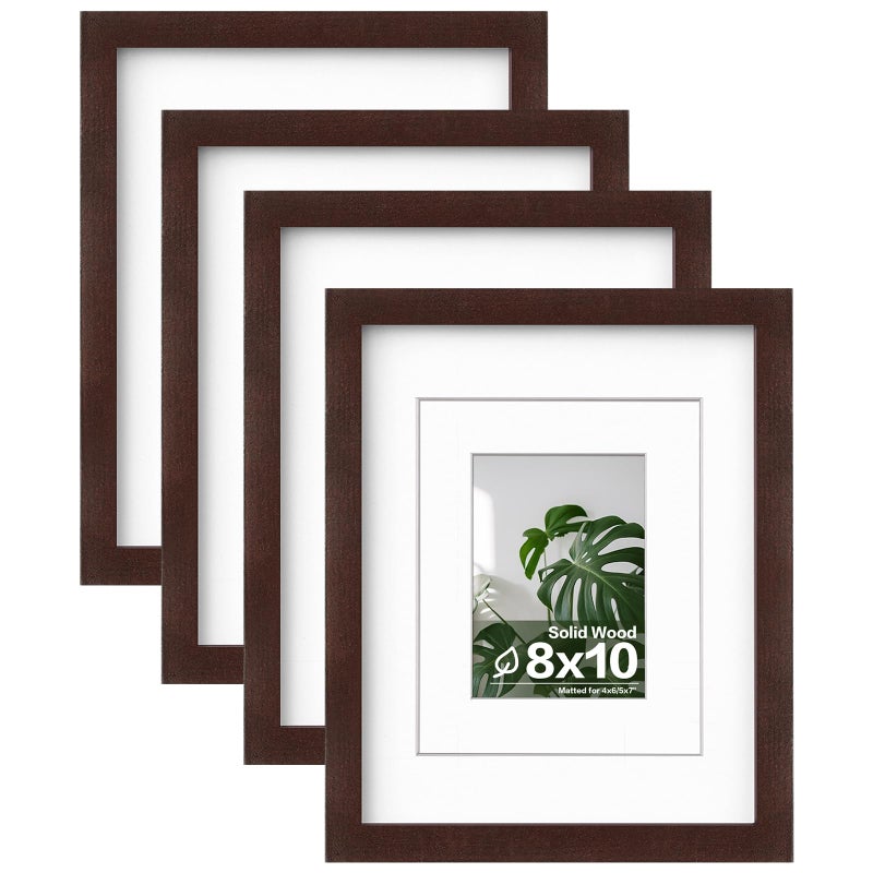 Egofine 8x10 Picture Frames Made of Solid Wood with Plexiglass Display Pictures 4x65x7 with Mat or 8x10 Without Mat Set of 4 for Tabletop and Wall Mounting Walnut Color