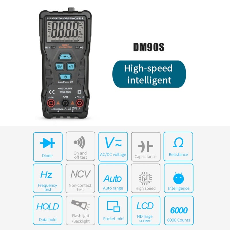 مقياس عداد رقمي محمول ذكي عالي السرعة MESTEK DM90S بقدرة 6000 عدداً — جهاز اختبار عالمي ذكي بتوليد RMS حقيقي وكشف الجهد غير المباشر (NCV) — مقياس جهد ومختبر جهد وكشف الأسلاك الحية، قادر على قياس الجهد المتردد والجهد المستمر والمقاومة والتردد والسعة والديود - Image 5