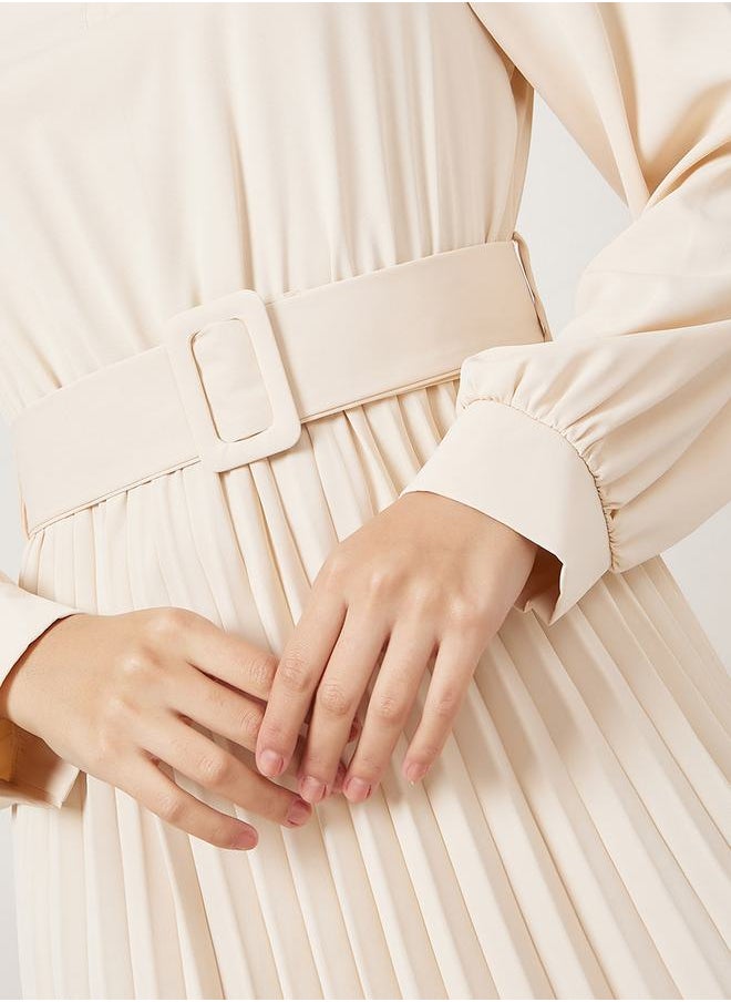 Styli - Pleated Hem Belted A-Line Maxi Dress - Image 1