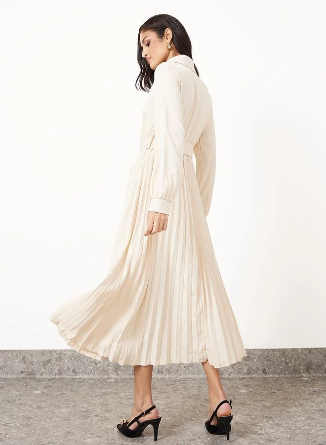 Styli Pleated Belted Dress