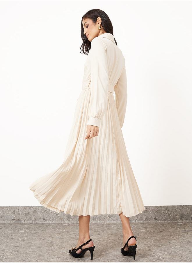 Styli - Pleated Hem Belted A-Line Maxi Dress - Image 1