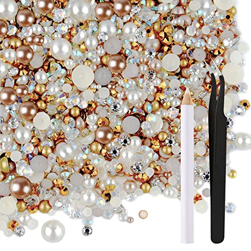 ASTARON 50g Mix Flatback Rhinestones Half Pearls for Craft Mixed Size 3mm-10mm Flat Back Rhinestones for Crafts Flatback Pearls for DIY Tumblers Mugs Nail Art Shoes Clothes (Champagne Gold Series) - Image 1