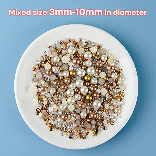 ASTARON 50g Mix Flatback Rhinestones Half Pearls for Craft Mixed Size 3mm-10mm Flat Back Rhinestones for Crafts Flatback Pearls for DIY Tumblers Mugs Nail Art Shoes Clothes (Champagne Gold Series) - Image 3