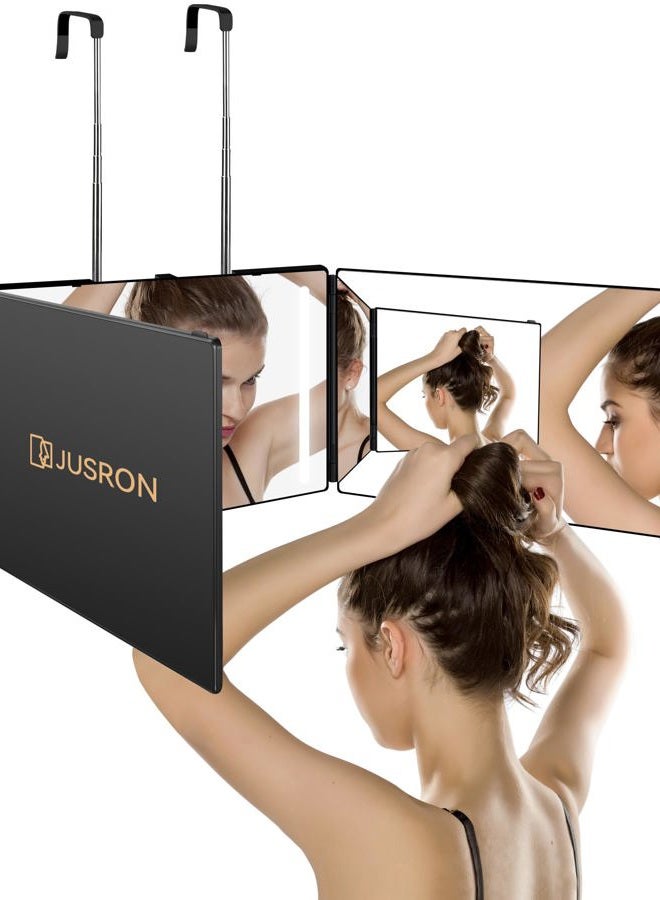JUSRON 360 Viewing Angle Self Hair Cutting Mirror, Clear Anti-Fog HD Glass, USB Rechargeable, Easy to Use, Height Adjustable, Portable, Good Choice for Gifts - Image 1