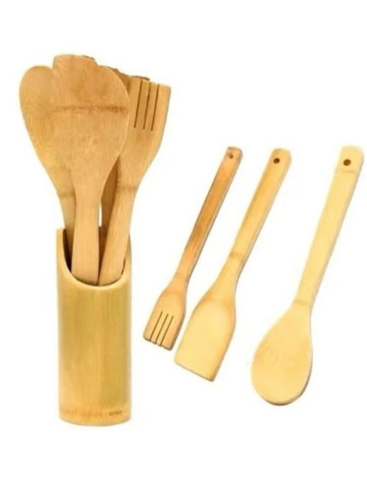 4-Piece Wooden Spoon Set With Stand Beige