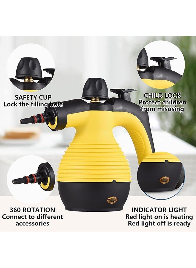 Hihonor Handheld Pressurized Steam Cleaner, Multipurpose Steamer Safety Lock for Carpet Curtain Car Seat, 1050W Portable Upholstery Steamer for Home Kitchen Bathroom with 9 Piece Accessories (Yellow) - Image 2