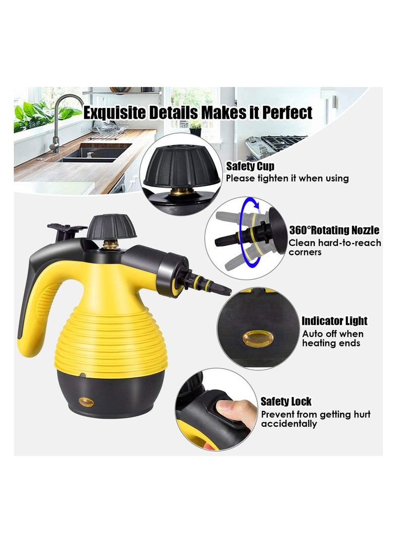 Hihonor Handheld Pressurized Steam Cleaner, Multipurpose Steamer Safety Lock for Carpet Curtain Car Seat, 1050W Portable Upholstery Steamer for Home Kitchen Bathroom with 9 Piece Accessories (Yellow) - Image 4