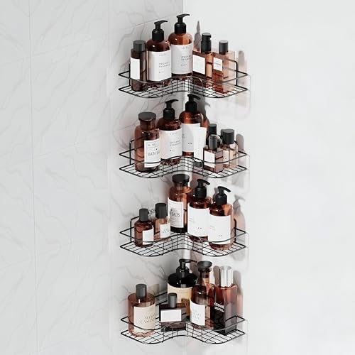 Homeor Multipurpose Self Adhesive Corner Shelf for Bathroom/Kitchen Wall Mounted Rack Shelf Shower Caddy with Magic Sticker Bathroom Organizer Without Drill, Pack of 4, Black Powder Coated - Image 1