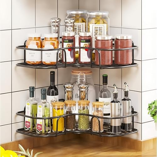 Homeor Multipurpose Self Adhesive Corner Shelf for Bathroom/Kitchen Wall Mounted Rack Shelf Shower Caddy with Magic Sticker Bathroom Organizer Without Drill, Pack of 4, Black Powder Coated - Image 3