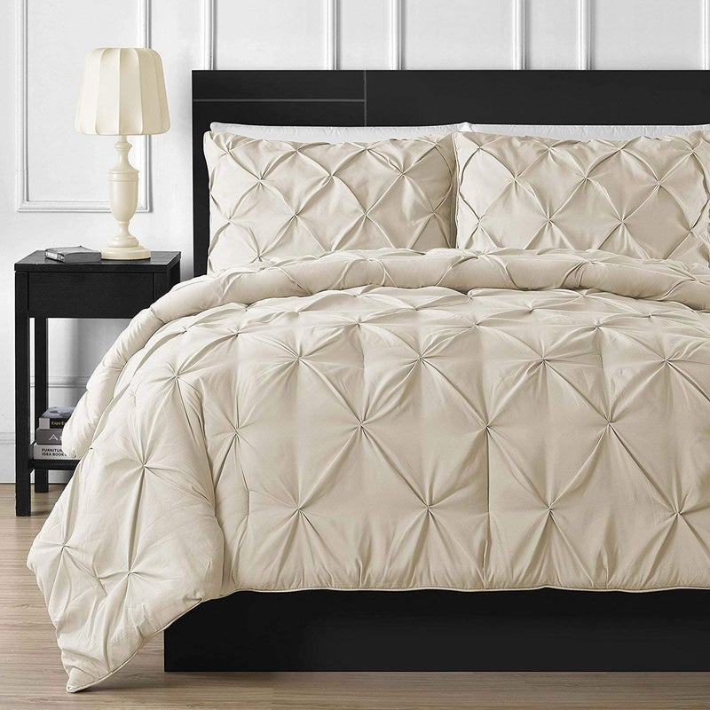 Crown Collection Luxuriate Hotel 1000TC Hypoallergenic Ultra Soft 100 Egyptian Cotton California King 98x104 Ivory Solid Pinch Plated Duvet Cover with Zipper Colser 2pcs Pillow Case Set