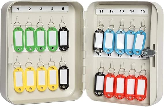 MATSON Small Key Storage Lock Box Locking Key Cabinet Wall Mount with 20 Key Hooks Tags Key Labels White Matt