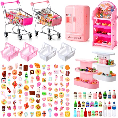 Rotatingpals 158 Pcs Mini Shopping Cart Basket Miniature Food Drink Bottle Mini Supermarket Trolleys Tiny House Party Accessories - Image 1