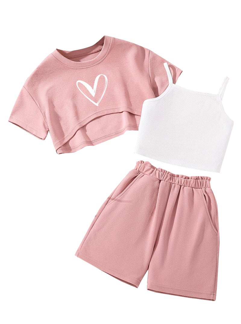 Hilinker Girls 3 Piece Summer Outfits Graphic Crop Tee and Cami Top with Shorts Set Pink Heart 1112 Year