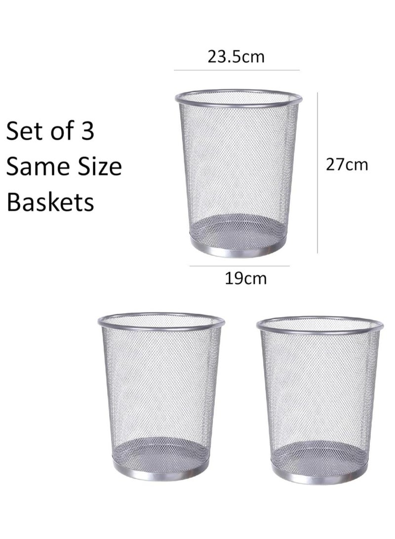 صناديق قمامة معدنية دائرية من الورق وسلة شبكية للنفايات للاستخدام المنزلي والمكتب (فضي - مجموعة من 3 قطع بحجم صغير) - Image 2
