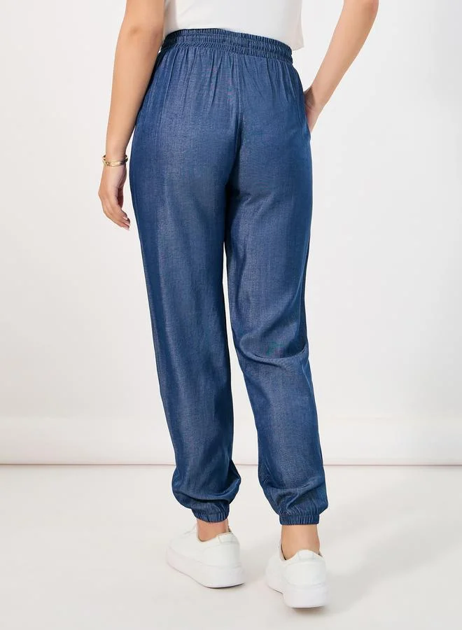 Styli Denim Look Elastic Waistband Cuffed Joggers