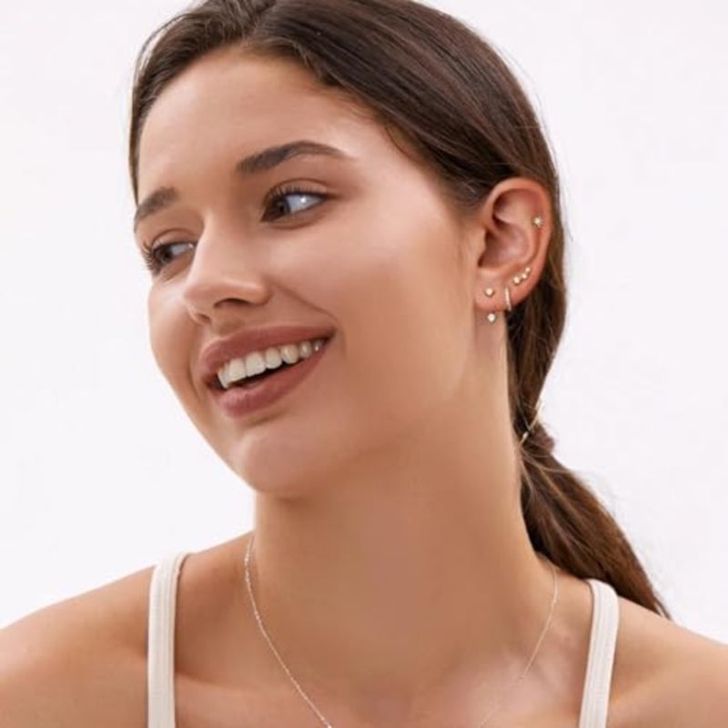 Gold Stud Earrings for Women, 14K Hypoallergenic Cartilage Earrings for Daily, Dainty Small Stackable Gold Earrings Jewelry Set, 5PCS - Image 3