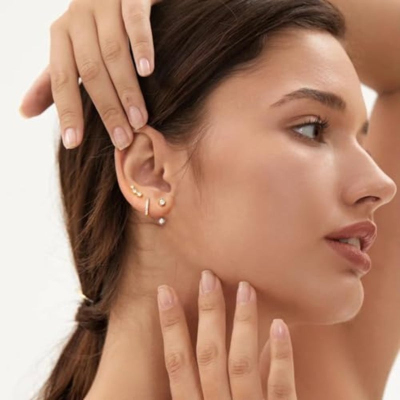 Gold Stud Earrings for Women, 14K Hypoallergenic Cartilage Earrings for Daily, Dainty Small Stackable Gold Earrings Jewelry Set, 5PCS - Image 2