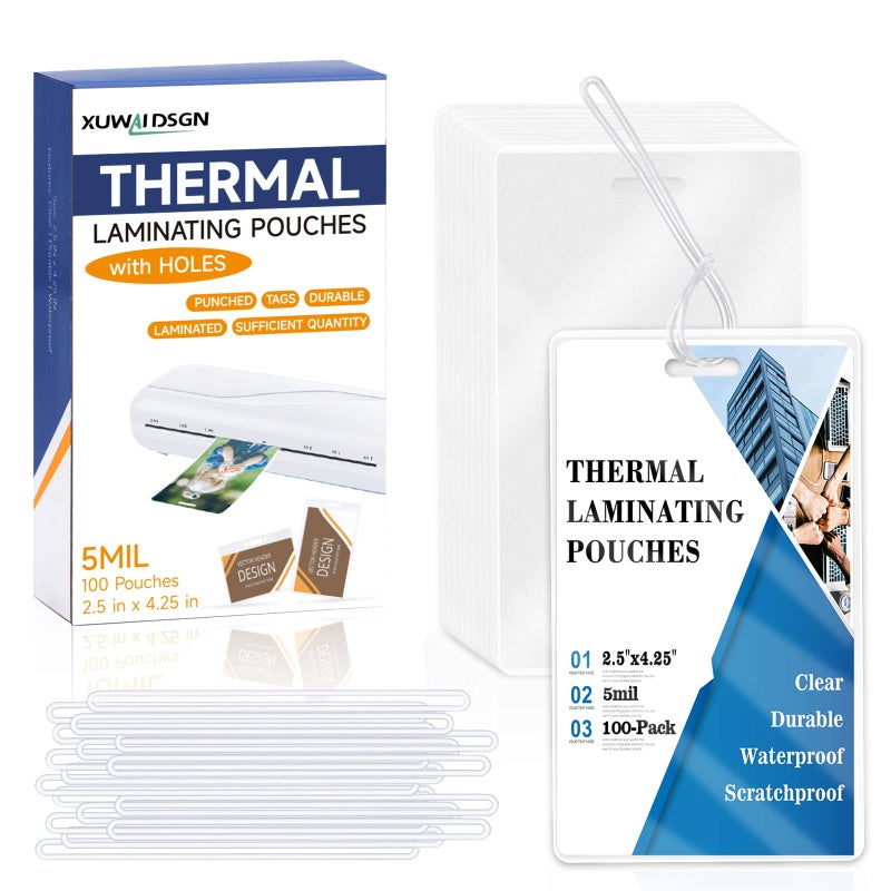 XUWAIDSGN 100 Pack 5 Mil Laminating Pouch with Clear Loop 2 1/2" x 4 1/4" Luggage Tag Laminating Pouches with Slot Hole Thermal Laminate Pouch Tags Kit Resealable for Work Permits Pass Cards Student ID Cards - Image 1