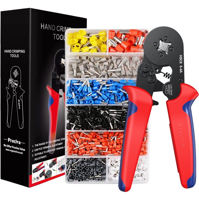 Preciva Ferrule Crimping Tool Kit, Preciva AWG23-7 Self-adjustable Ratchet Wire Crimping Tool Kit Crimper Plier Set with 1200PCS Wire Terminals Crimping Connectors Wire End Ferrules - Image 1