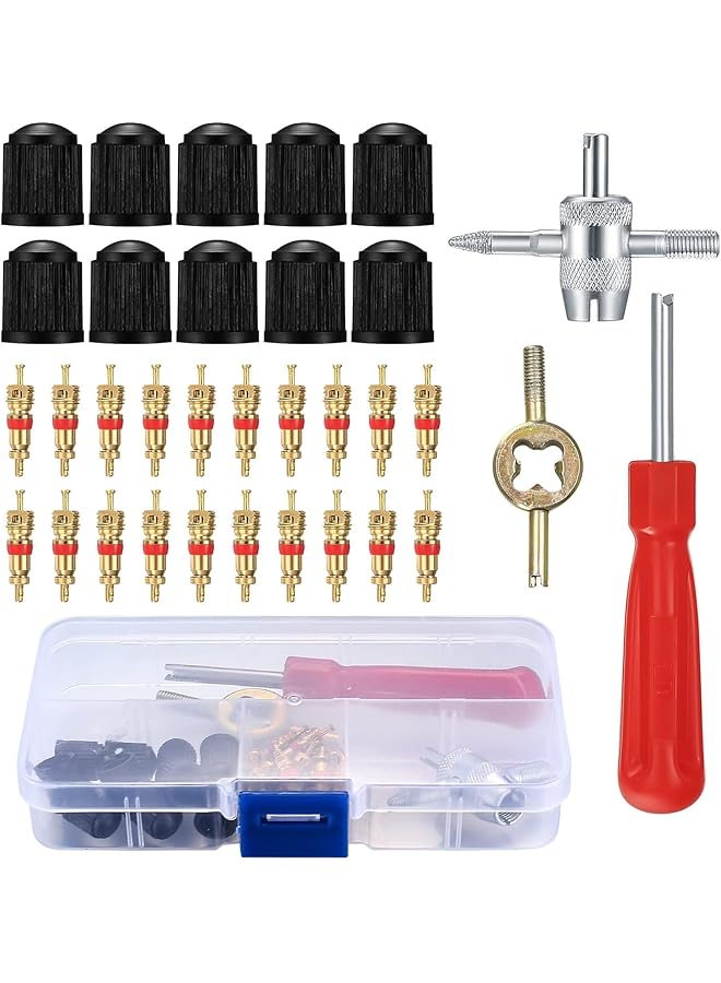 X spring Tyre Valve Core Tool Kit, 33 Pcs Valve Core Remover Tools With 20Pcs Valve Cores 10Pcs Valve Caps 1Pc Single-Head Valve Core Remover 1Pc Dual Head Valve Tool 1Pc 4-Way Valve Tool - Image 1