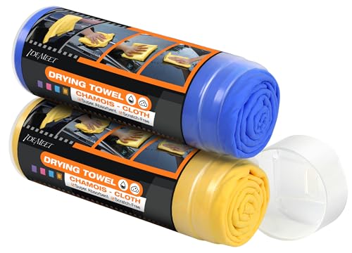 Idemeet Premium Absorbent Car Drying Towel, 2 Pack 26''x17'' Super Soft Shammy Towel for Vehicle, Reusable Chamois Cloth for Car Drying, Dust Remove, Bathroom, Scratch/Spot/Streak Free, Yellow & Blue - Image 1