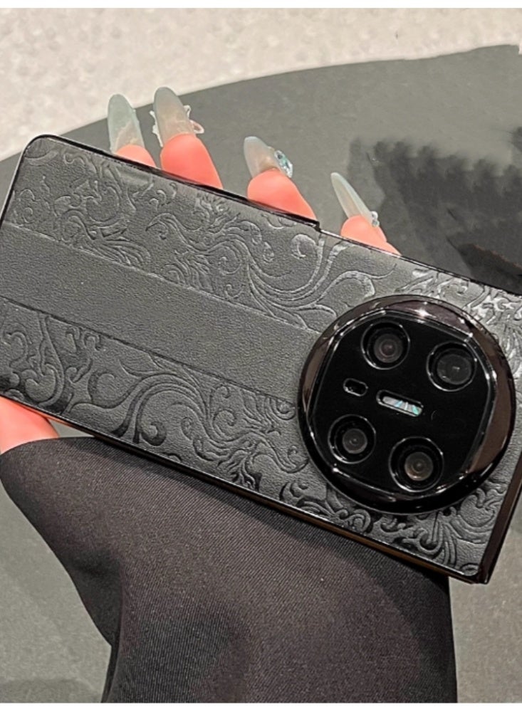 The Phone Case Is Suitable for Huawei Mate X6 Foldable Screen Chinese Style Printed Plain Leather Anti-Drop Protective Case, Black 【Single Back Shell】 - Image 1