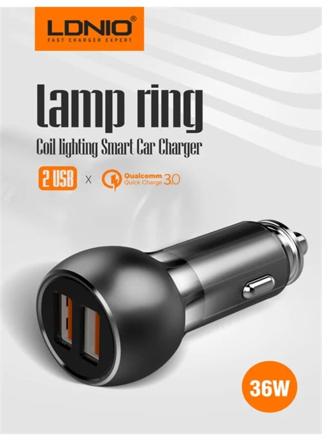 LDNIO C503Q High Quality Fast Car Charger Dual USB Port 36W Auto-ID With Lightning USB Cable - Grey Black  - Image 5