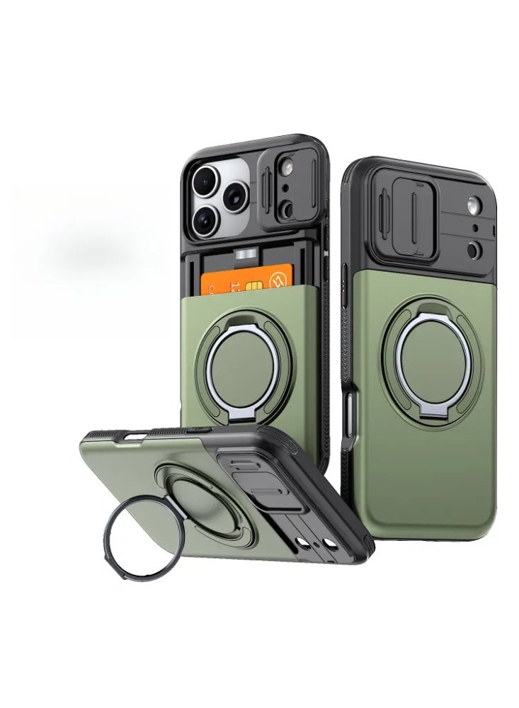 حقيبة واقية لـ iPhone 17 Pro مع غطاء كاميرا منزلق، فتحة بطاقة مخفية وحلقة دوارة 360 درجة