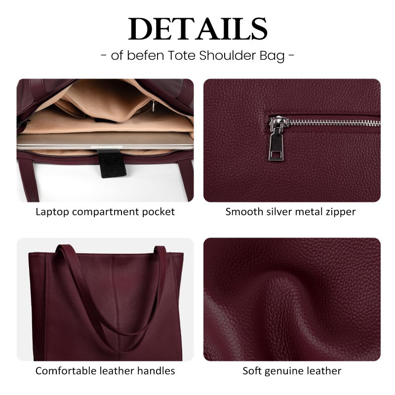 befen Genuine Leather Tote Bag for Women, Women's Leather Shoulder Totes Work Bags Purses Handbags with Top Handles Purse Burgundy Red - Image 5