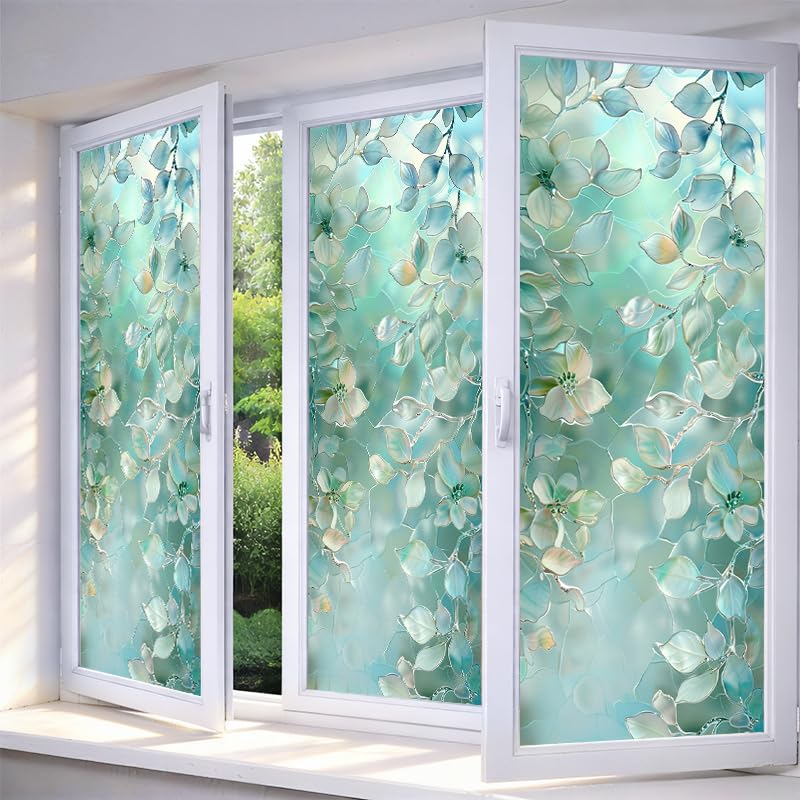 IVN Stained Glass Window Film 17.7x39.3 inch Delicate Flower Decorative Window Privacy Film Stained Decals Static Cling Sun Blocking Decor for Home Office Windows Door Glass Partitions - Image 1